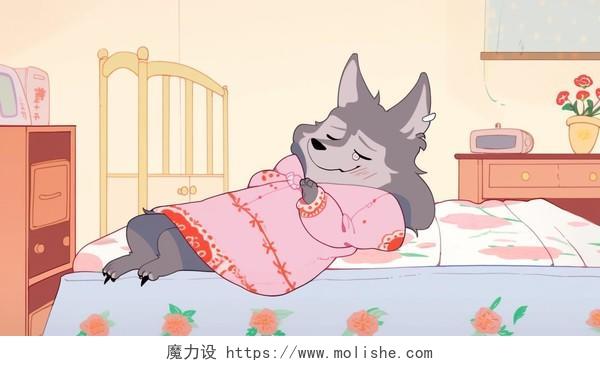 一只灰狼穿着衣服躺在床上小红帽AI插画
